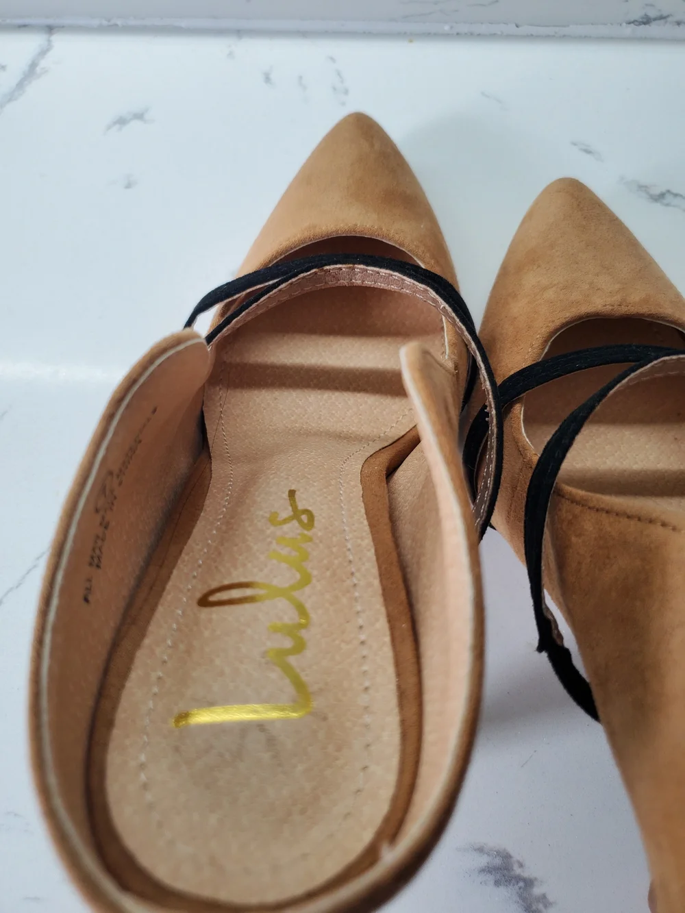 Lulus Suede Pointed Toe High Heels with Black Strap - Tan US7